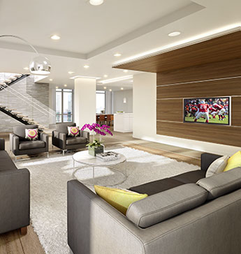 The Clubhouse seating with TV in Jersey City Apartment Rentals