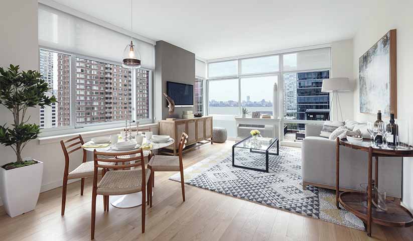 Jersey City Apartment Rentals Living Area with Floor to Ceiling Windows